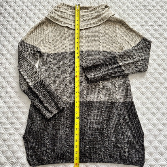 JEANNE PIERRE Beige Gray Black Stripe Cotton Cable Knit Cowl Tunic Sweater Sz M - Picture 12 of 13